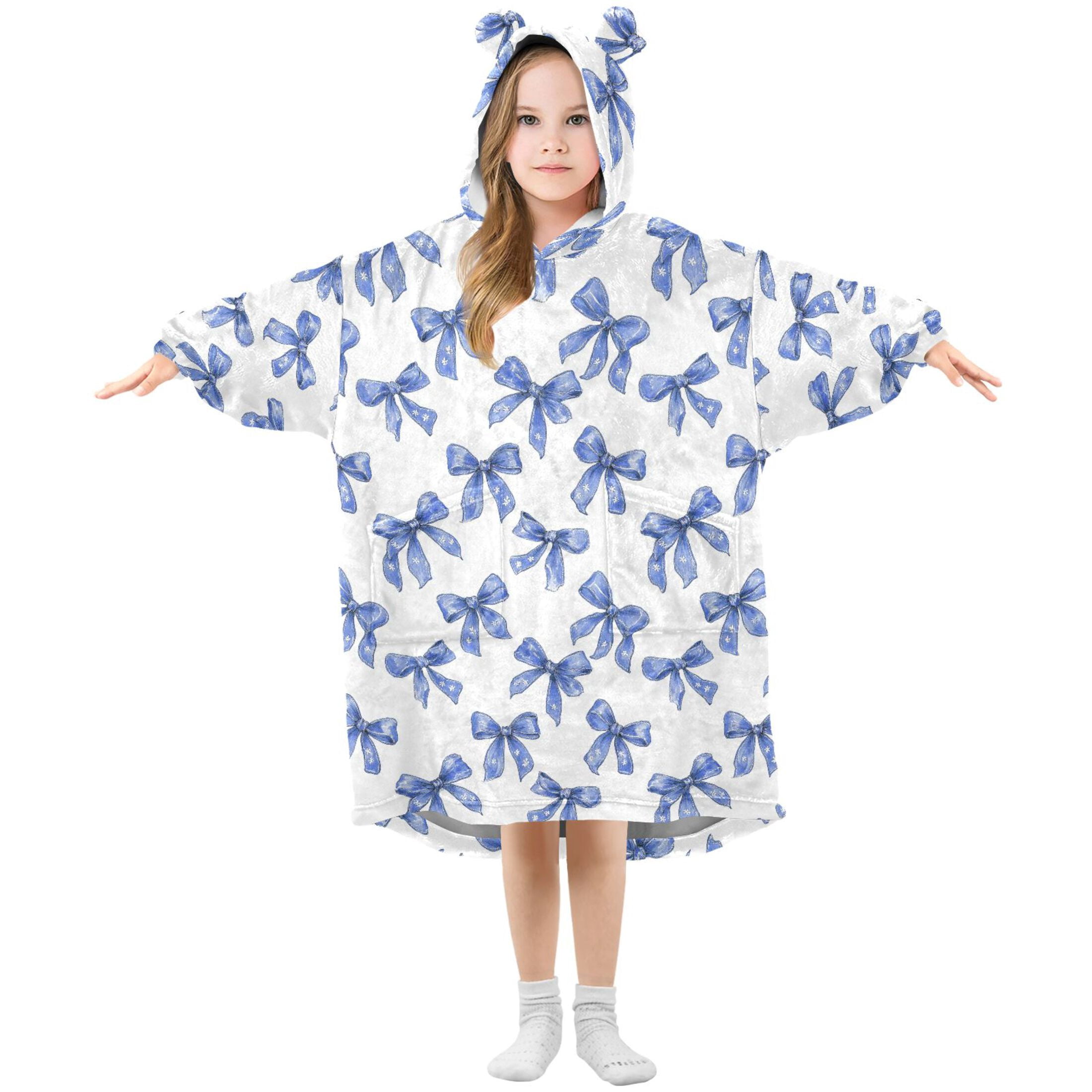 Wearable Blanket Hoodie for Kids Blue Bow Art Flannel Hooded Blanket with Pockets and Sleeves Suitable for Boys and Girls