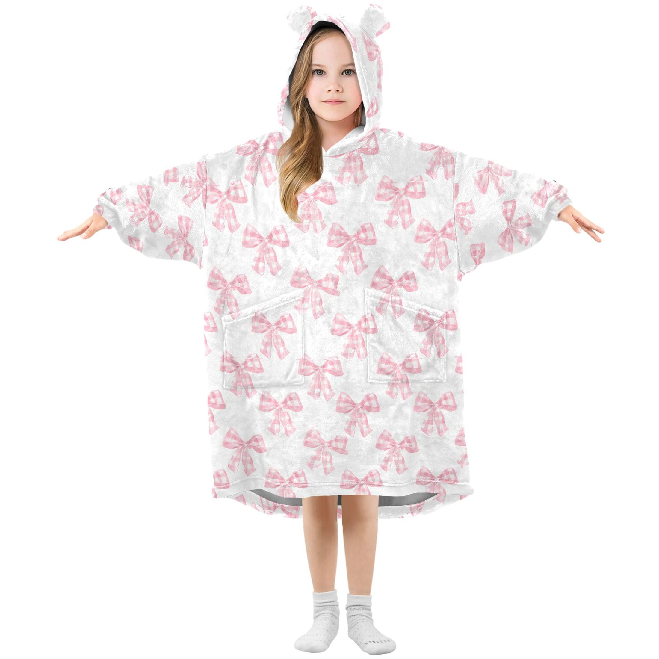Wearable Blanket Hoodie for Kids Bows Checkered Flannel Hooded Blanket with Pockets and Sleeves Suitable for Boys and Girls