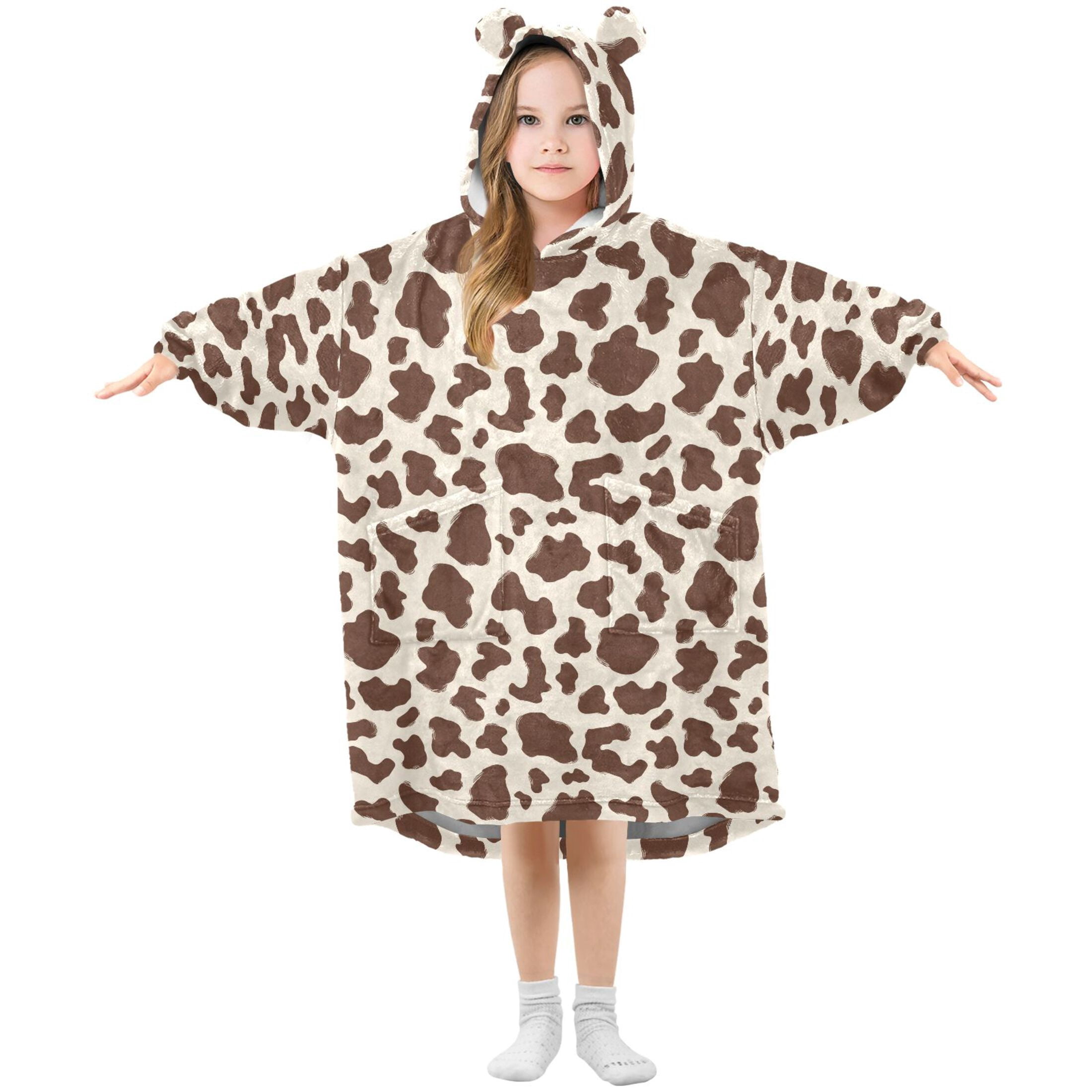 Wearable Blanket Hoodie for Kids Brown and White Cow Print Spots Flannel Hooded Blanket with Pockets and Sleeves Suitable for Boys and Girls