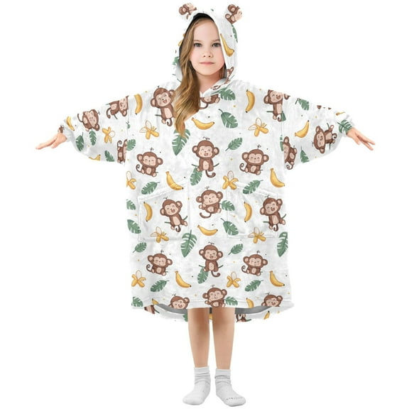 Wearable Blanket Hoodie for Kids Cartoon Monkey Flannel Hooded Blanket with Pockets and Sleeves Suitable for Boys and Girls