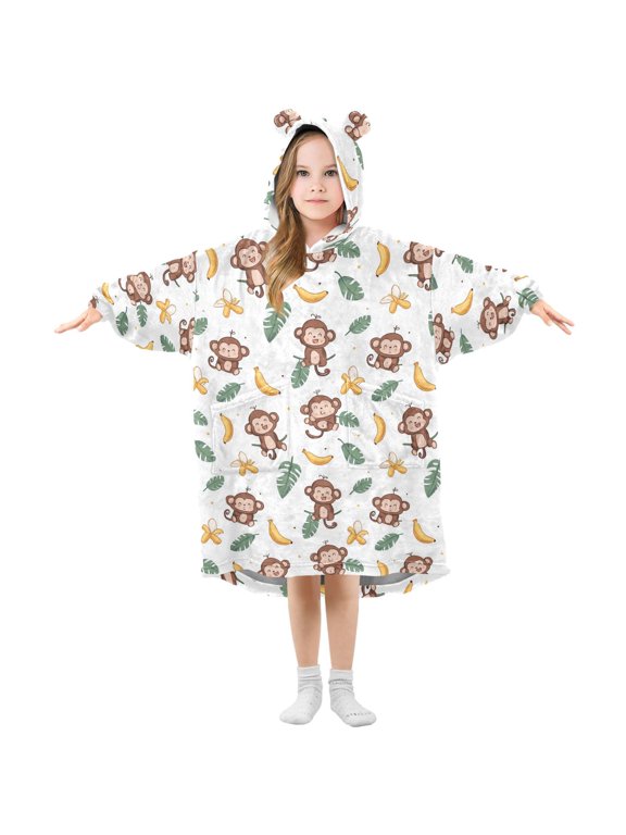 Wearable Blanket Hoodie for Kids Cartoon Monkey Flannel Hooded Blanket with Pockets and Sleeves Suitable for Boys and Girls