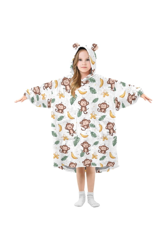 Wearable Blanket Hoodie for Kids Cartoon Monkey Flannel Hooded Blanket with Pockets and Sleeves Suitable for Boys and Girls