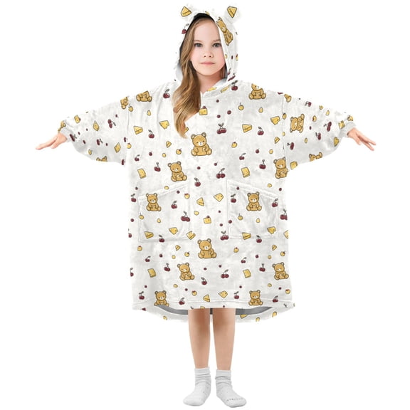 Wearable Blanket Hoodie for Kids Cherry Cheese Bear Flannel Hooded Blanket with Pockets and Sleeves Suitable for Boys and Girls