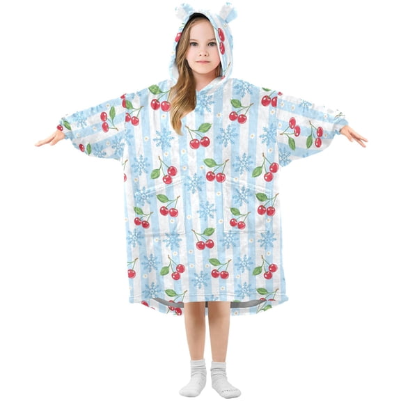 Wearable Blanket Hoodie for Kids Cherry Snowflake Stripe Flannel Hooded Blanket with Pockets and Sleeves Suitable for Boys and Girls