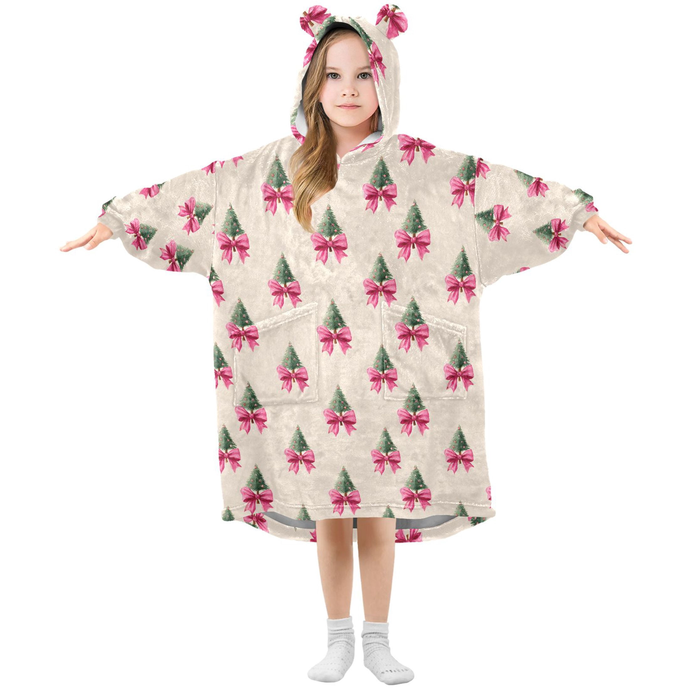 Wearable Blanket Hoodie for Kids Christmas Tree Bow Flannel Hooded Blanket with Pockets and Sleeves Suitable for Boys and Girls
