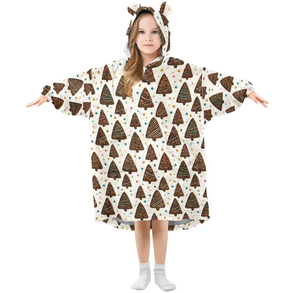Wearable Blanket Hoodie for Kids Christmas Tree Chocolate Cookies Flannel Hooded Blanket with Pockets and Sleeves Suitable for Boys and Girls