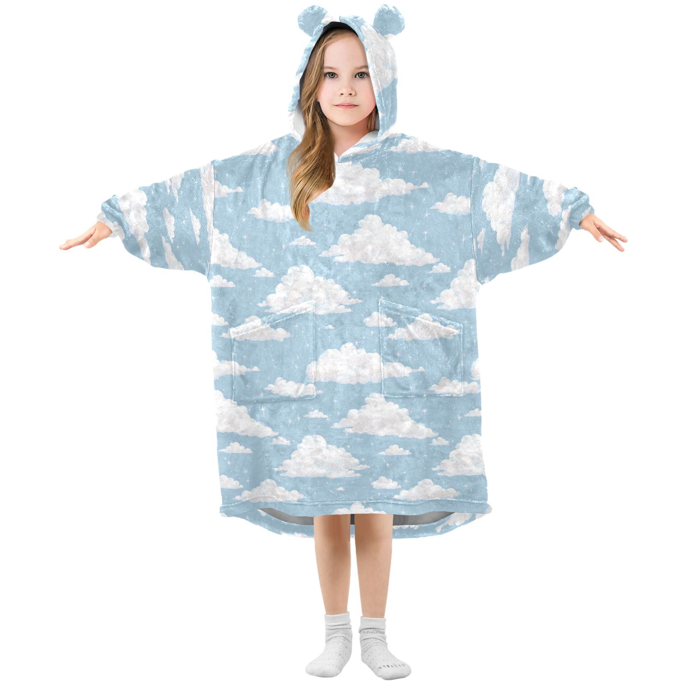 Wearable Blanket Hoodie for Kids Clouds Floating in The Sky Flannel Hooded Blanket with Pockets and Sleeves Suitable for Boys and Girls
