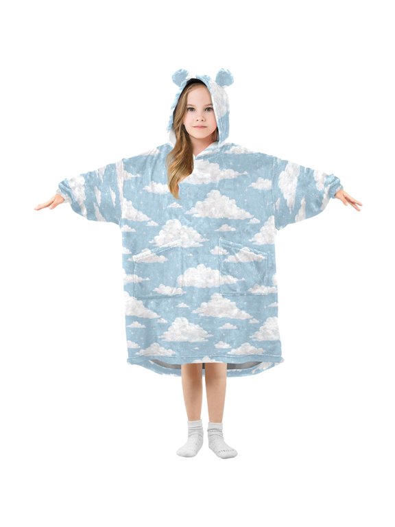 Wearable Blanket Hoodie for Kids Clouds Floating in The Sky Flannel Hooded Blanket with Pockets and Sleeves Suitable for Boys and Girls