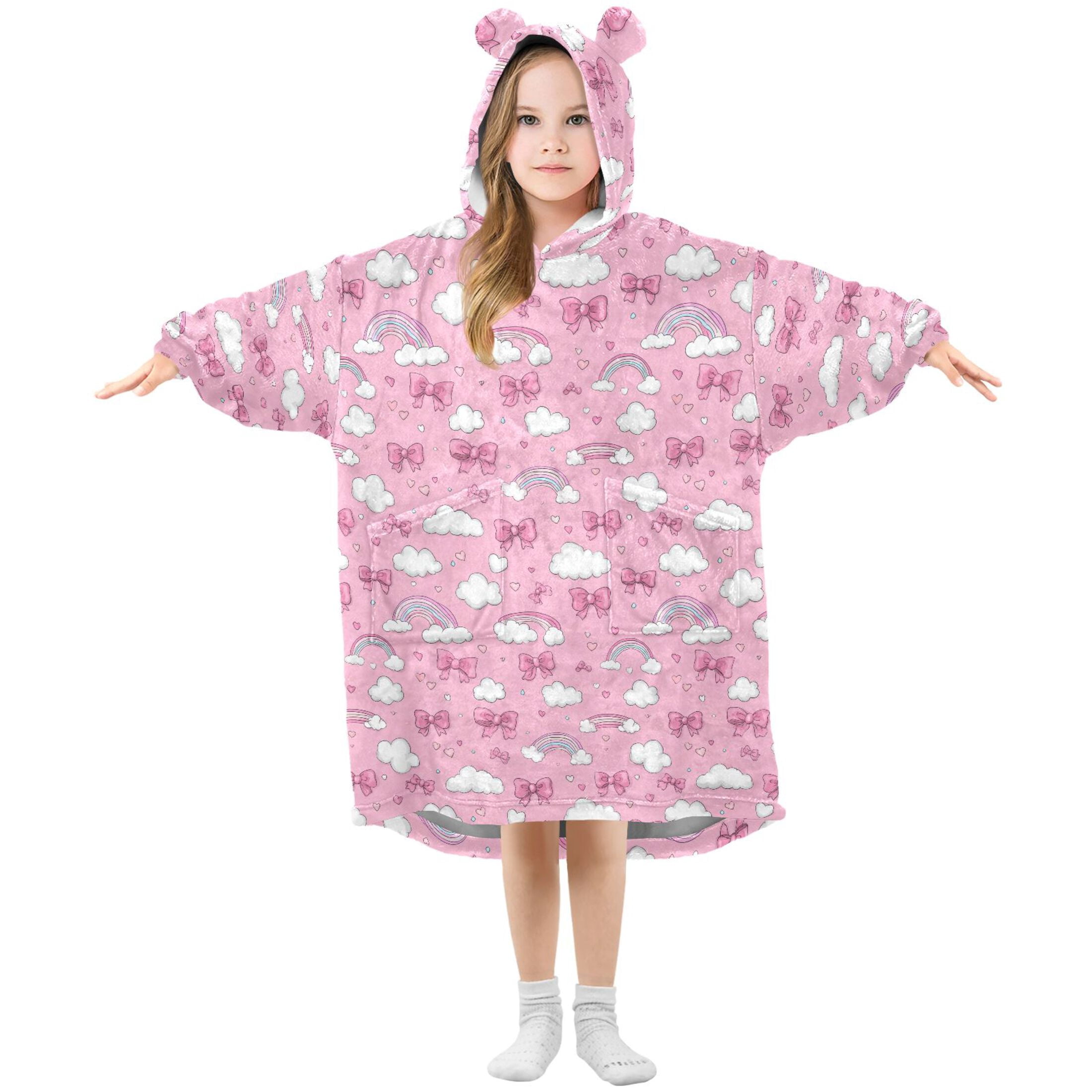 Wearable Blanket Hoodie for Kids Clouds Love Rainbow Bow Flannel Hooded Blanket with Pockets and Sleeves Suitable for Boys and Girls