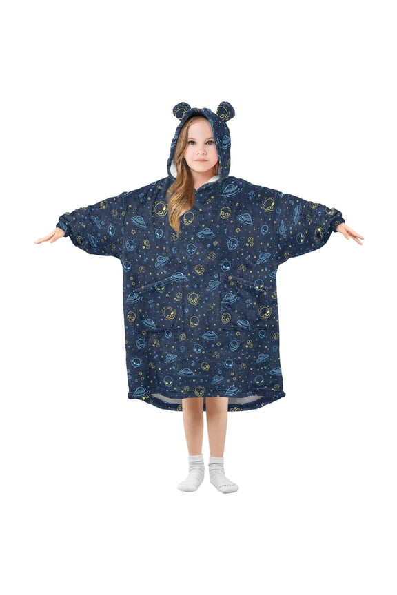 Wearable Blanket Hoodie for Kids Cute Alien Face Flannel Hooded Blanket with Pockets and Sleeves Suitable for Boys and Girls