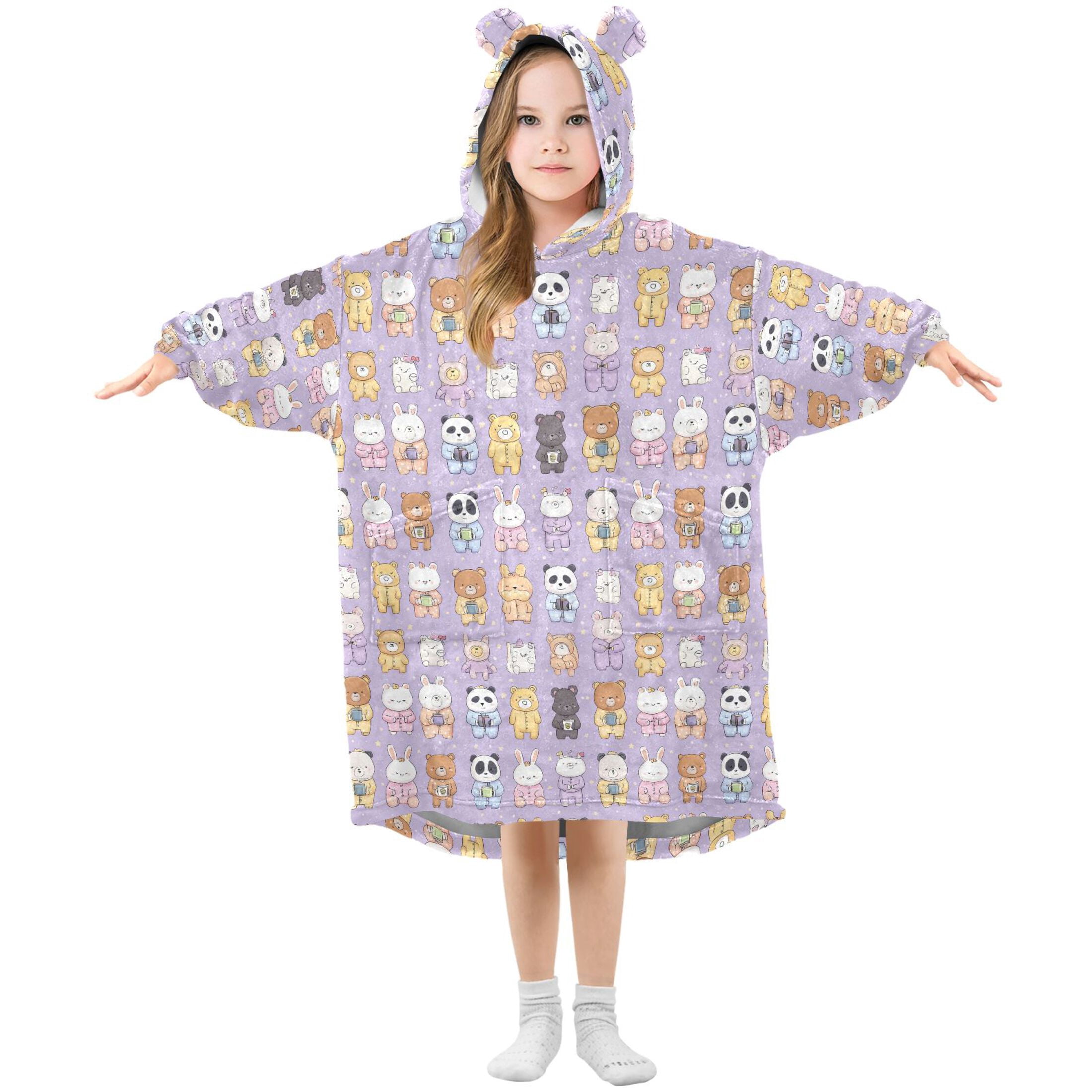 Wearable Blanket Hoodie for Kids Cute Animals in Pajamas Flannel Hooded Blanket with Pockets and Sleeves Suitable for Boys and Girls