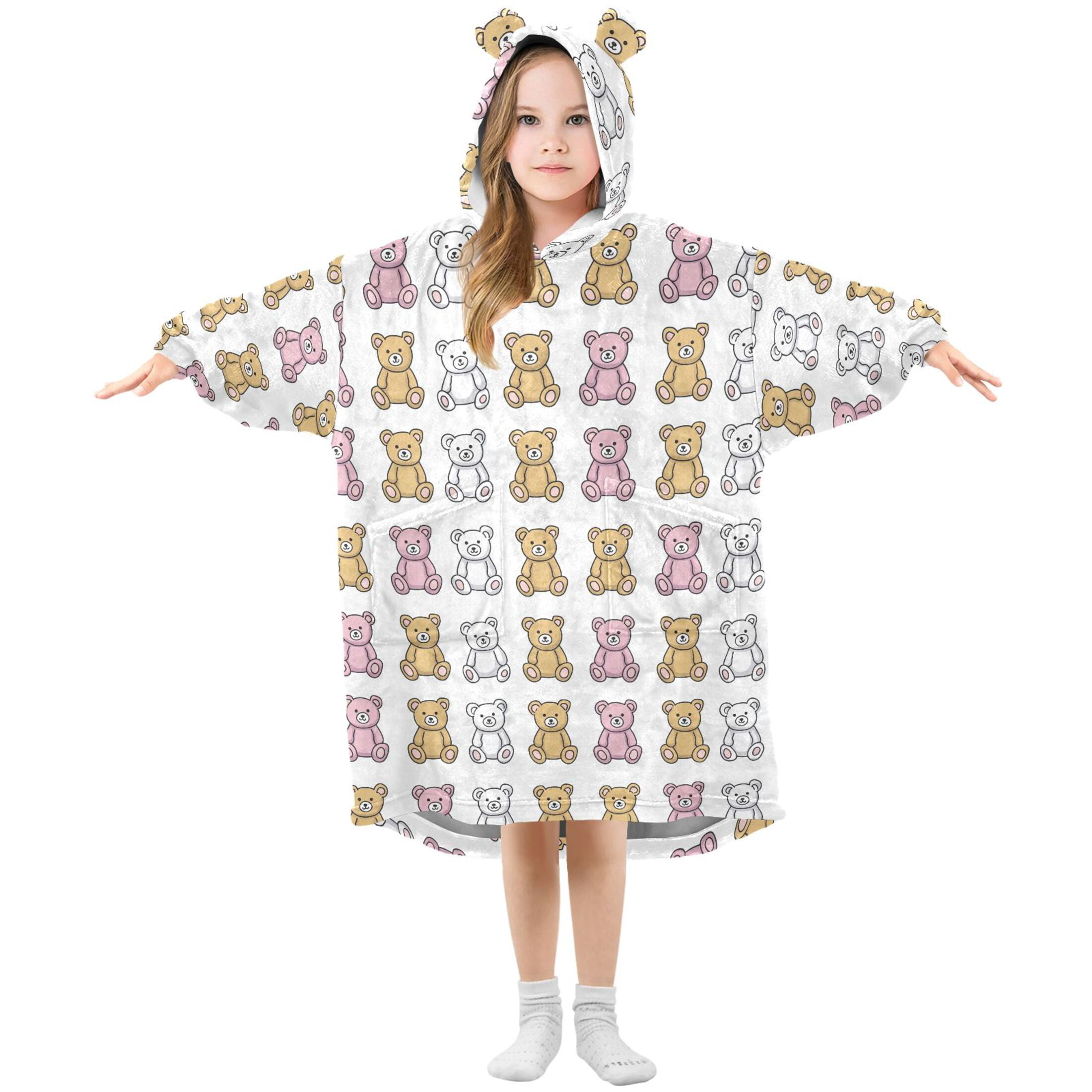 Wearable Blanket Hoodie for Kids Cute Bear Simple Flannel Hooded Blanket with Pockets and Sleeves Suitable for Boys and Girls
