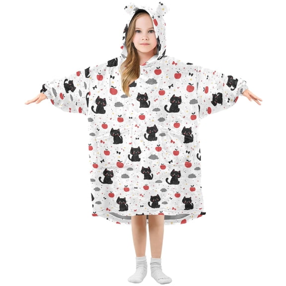 Wearable Blanket Hoodie for Kids Cute Black Cats Flannel Hooded Blanket with Pockets and Sleeves Suitable for Boys and Girls