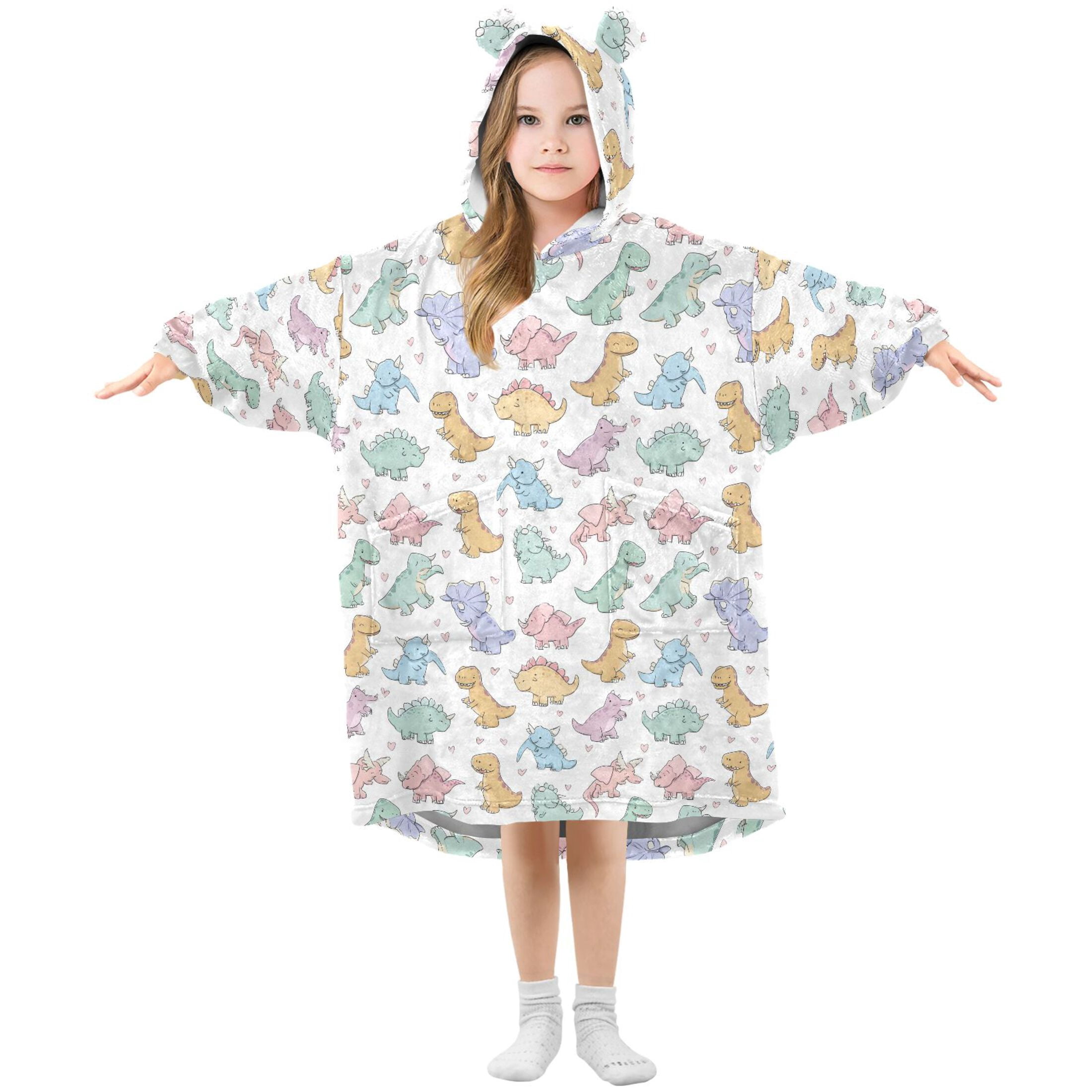 Wearable Blanket Hoodie for Kids Cute Cartoon Dinosaur Flannel Hooded Blanket with Pockets and Sleeves Suitable for Boys and Girls