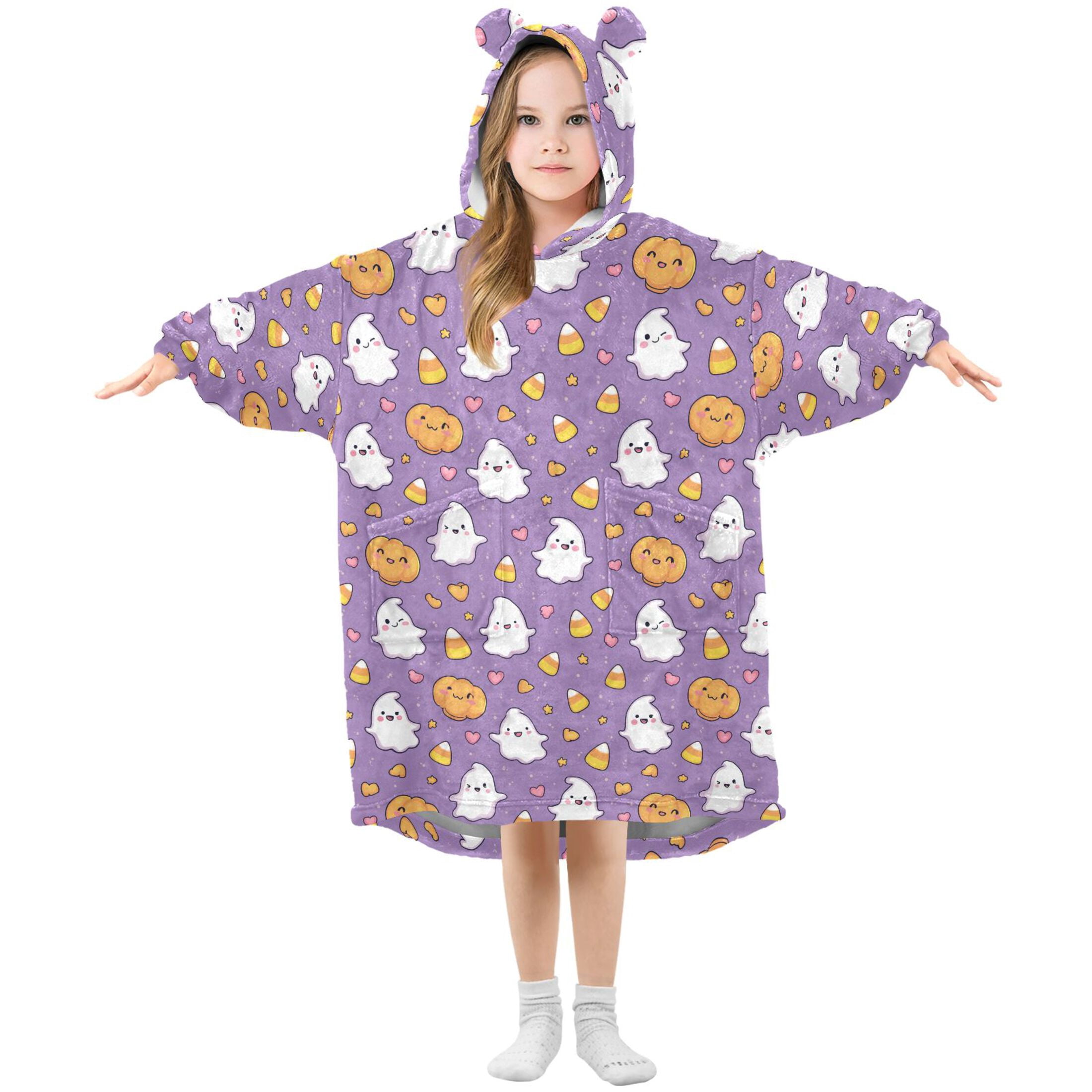 Wearable Blanket Hoodie for Kids Cute Cartoon Pumpkin Ghost Corn Flannel Hooded Blanket with Pockets and Sleeves Suitable for Boys and Girls