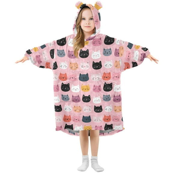 Wearable Blanket Hoodie for Kids Cute Cat Flannel Hooded Blanket with Pockets and Sleeves Suitable for Boys and Girls