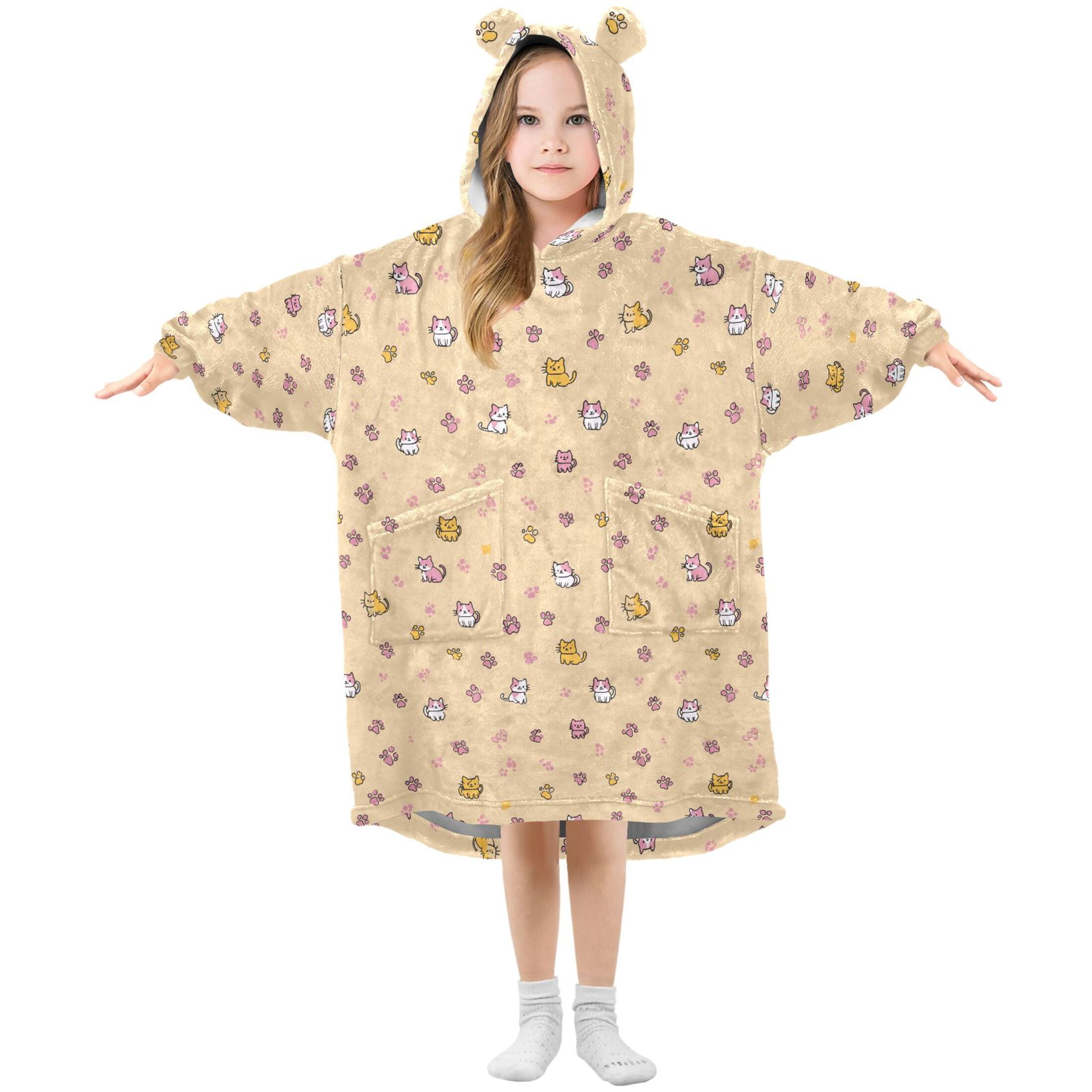 Wearable Blanket Hoodie for Kids Cute Cat Pink and Yellow Flannel Hooded Blanket with Pockets and Sleeves Suitable for Boys and Girls