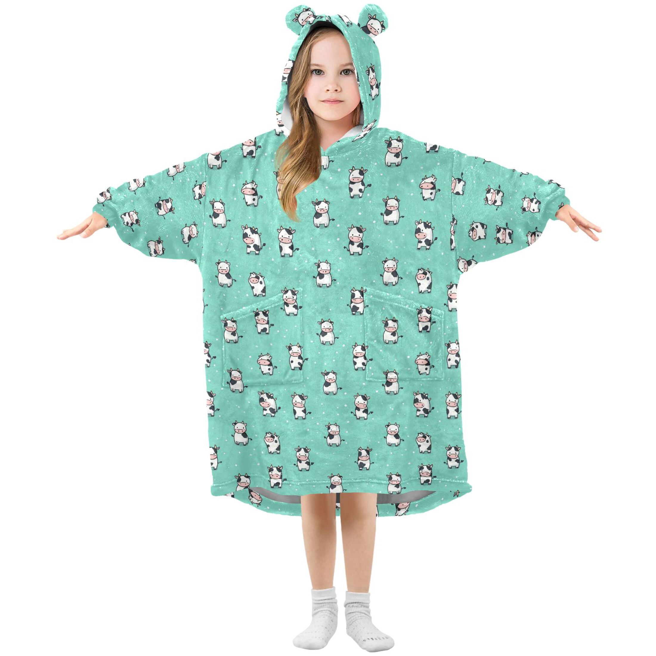 Wearable Blanket Hoodie for Kids Cute Cow Flannel Hooded Blanket with Pockets and Sleeves Suitable for Boys and Girls