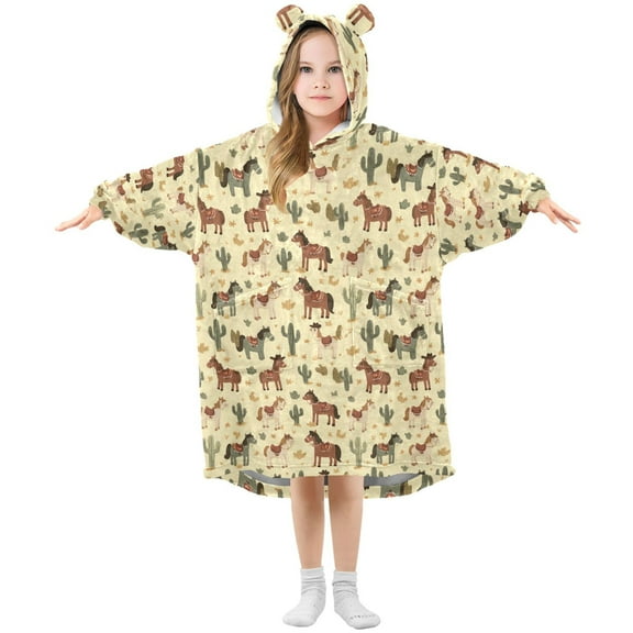 Wearable Blanket Hoodie for Kids Cute Cowboy Brown Horse Flannel Hooded Blanket with Pockets and Sleeves Suitable for Boys and Girls