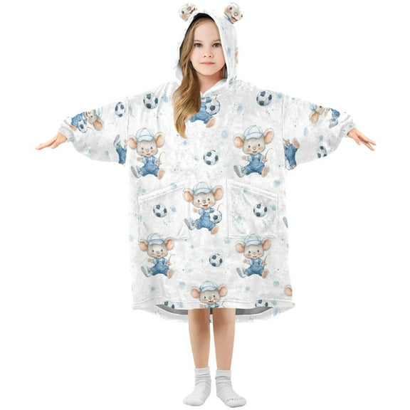 Wearable Blanket Hoodie for Kids Cute Football Mouse Flannel Hooded Blanket with Pockets and Sleeves Suitable for Boys and Girls