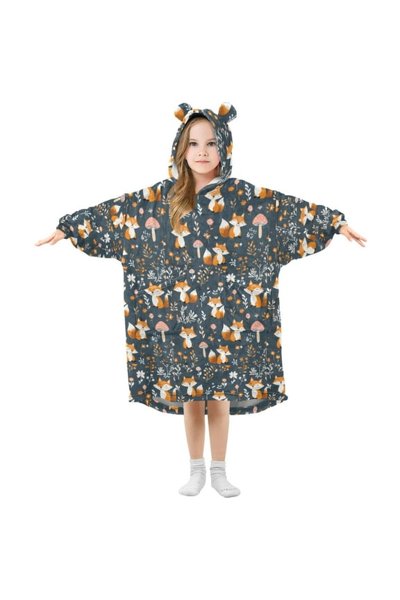 Wearable Blanket Hoodie for Kids Cute Fox and Mushrooms Flannel Hooded Blanket with Pockets and Sleeves Suitable for Boys and Girls