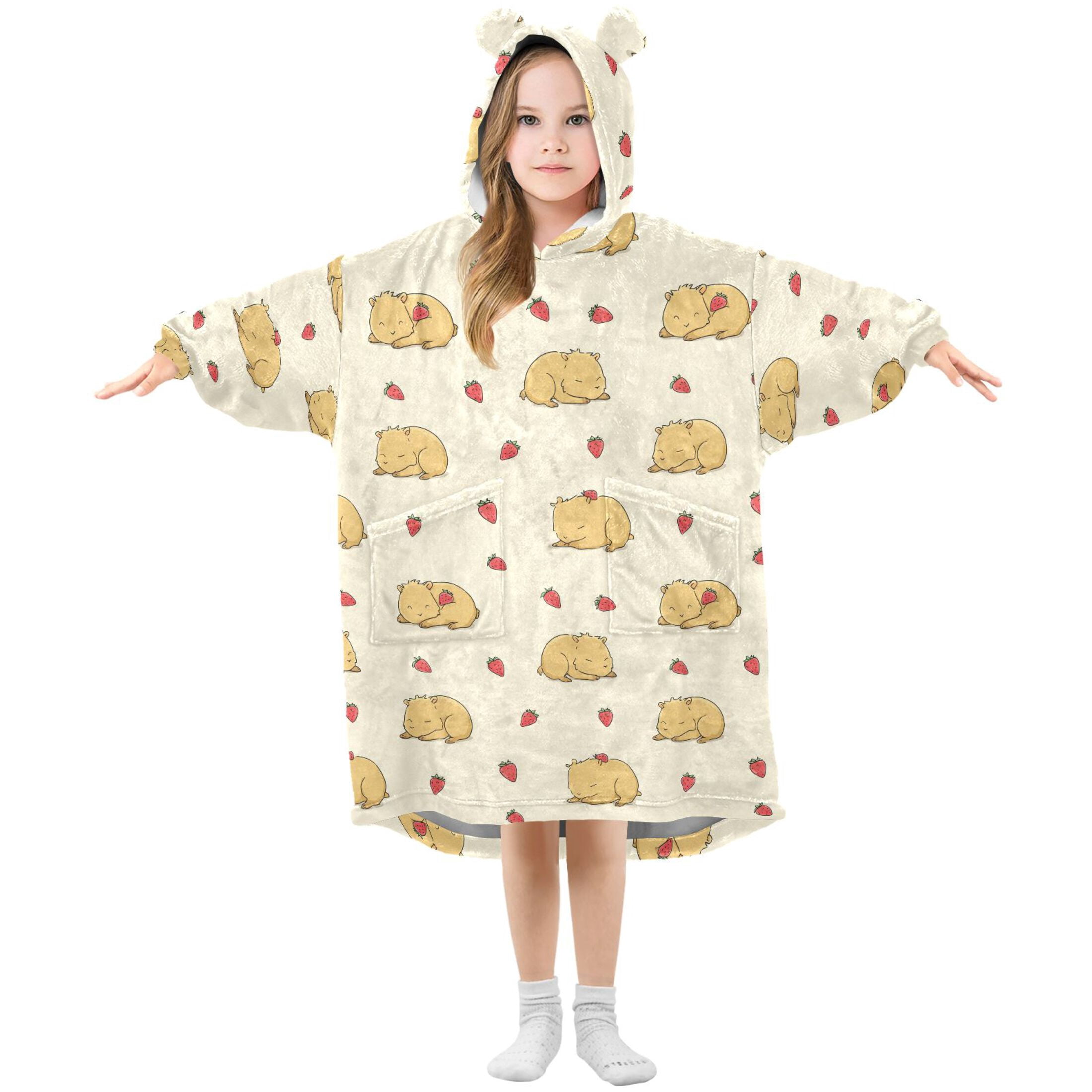 Wearable Blanket Hoodie for Kids Cute Guinea Pig and Strawberry Flannel Hooded Blanket with Pockets and Sleeves Suitable for Boys and Girls