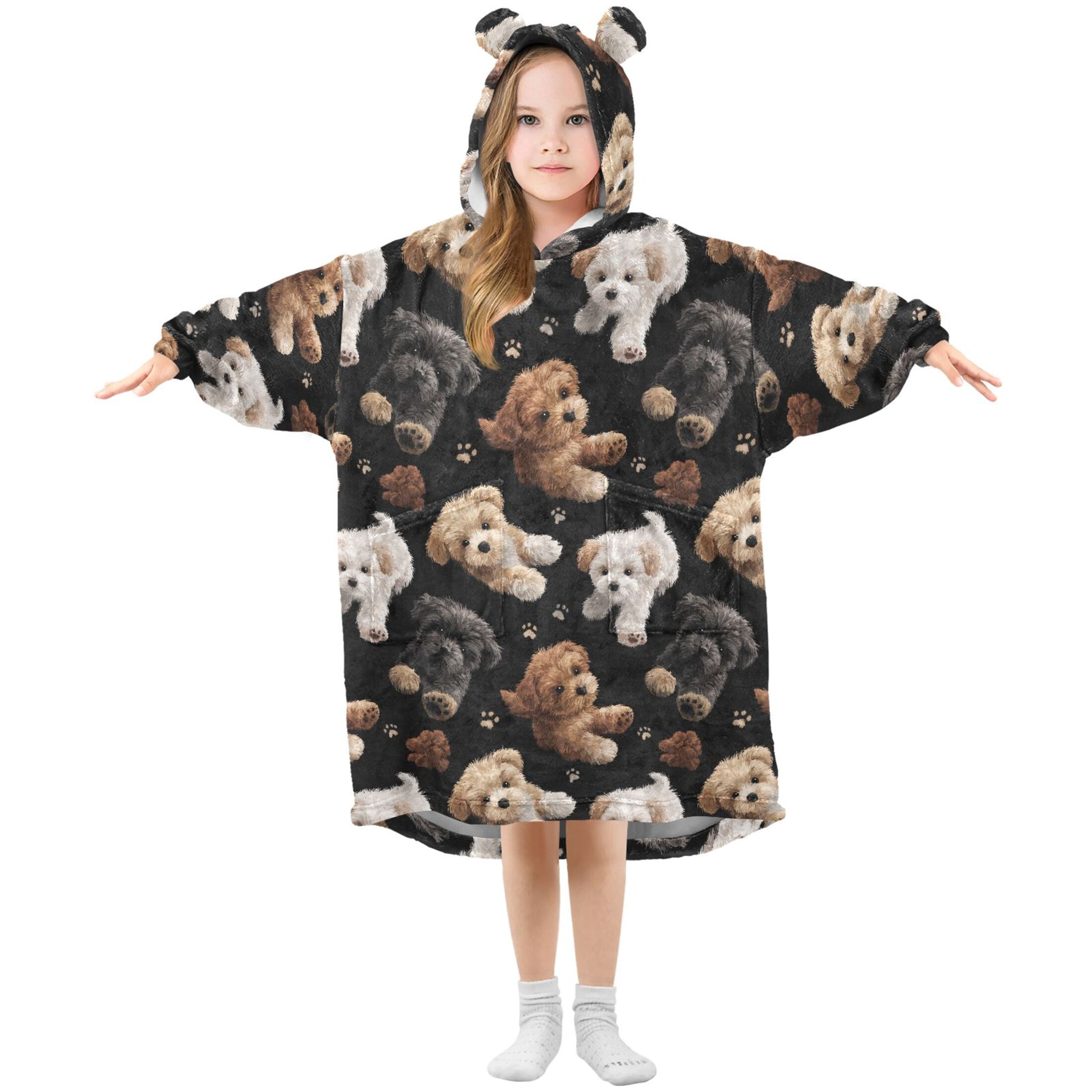 Wearable Blanket Hoodie for Kids Cute Puppies Flannel Hooded Blanket with Pockets and Sleeves Suitable for Boys and Girls