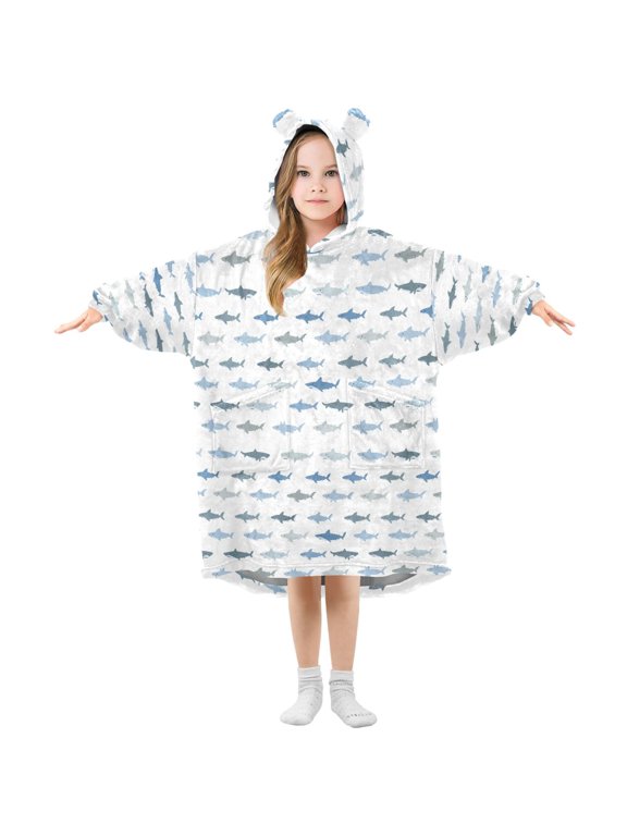 Wearable Blanket Hoodie for Kids Cute Shark Flannel Hooded Blanket with Pockets and Sleeves Suitable for Boys and Girls