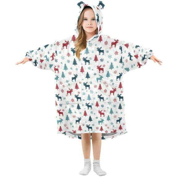 Wearable Blanket Hoodie for Kids Deer Snowflakes Tree Flannel Hooded Blanket with Pockets and Sleeves Suitable for Boys and Girls