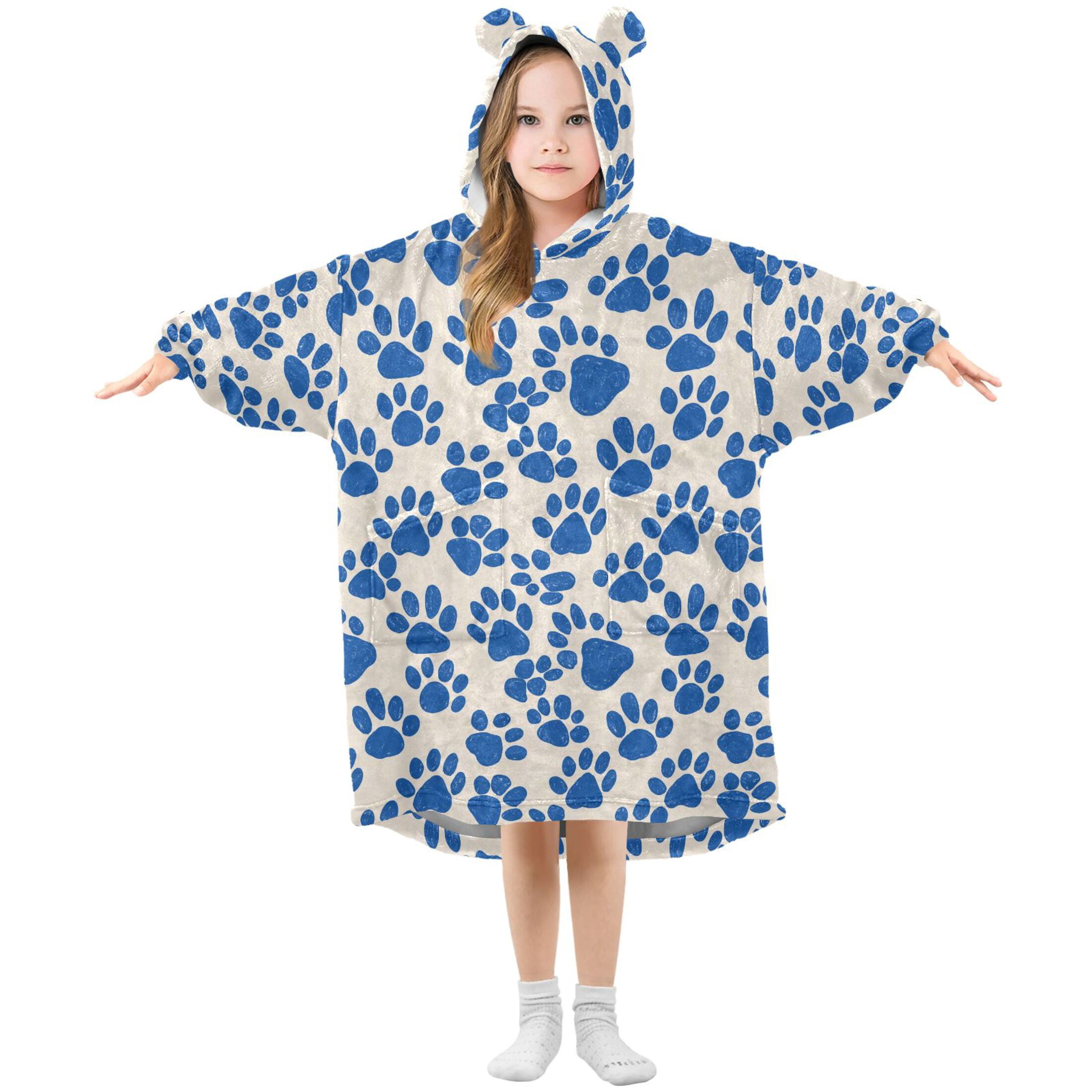 Wearable Blanket Hoodie for Kids Dog Footprints Flannel Hooded Blanket with Pockets and Sleeves Suitable for Boys and Girls