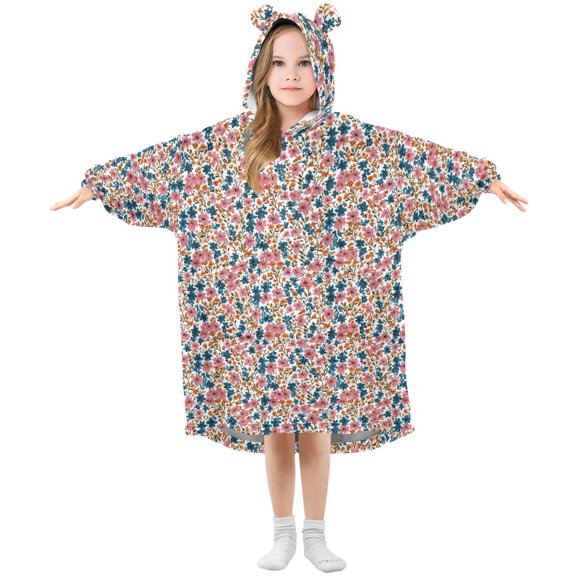 Wearable Blanket Hoodie for Kids Flowers Of Various Colors Flannel Hooded Blanket with Pockets and Sleeves Suitable for Boys and Girls