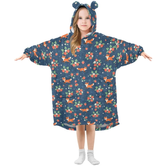 Wearable Blanket Hoodie for Kids Fox Strawberry Flannel Hooded Blanket with Pockets and Sleeves Suitable for Boys and Girls