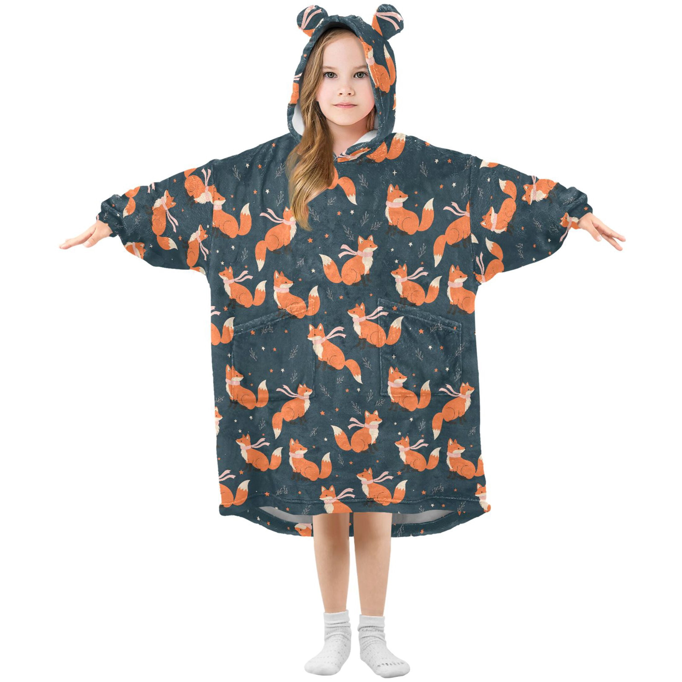 Wearable Blanket Hoodie for Kids Fox with Scarf Flannel Hooded Blanket with Pockets and Sleeves Suitable for Boys and Girls