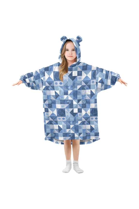 Wearable Blanket Hoodie for Kids Geometric Pattern Blue Flannel Hooded Blanket with Pockets and Sleeves Suitable for Boys and Girls