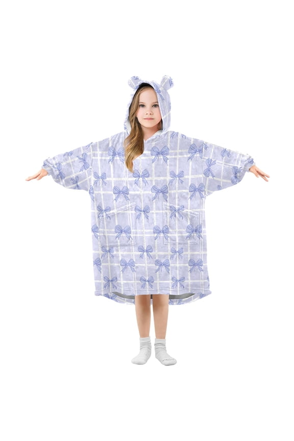 Wearable Blanket Hoodie for Kids Grid Background Purple Bow Flannel Hooded Blanket with Pockets and Sleeves Suitable for Boys and Girls
