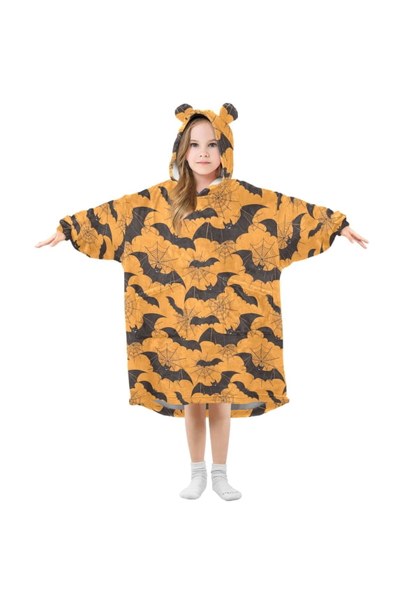 Wearable Blanket Hoodie for Kids Halloween Bats Spiders Web Flannel Hooded Blanket with Pockets and Sleeves Suitable for Boys and Girls