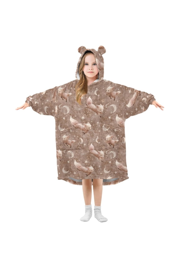 Wearable Blanket Hoodie for Kids Jumping Little Fox Flannel Hooded Blanket with Pockets and Sleeves Suitable for Boys and Girls