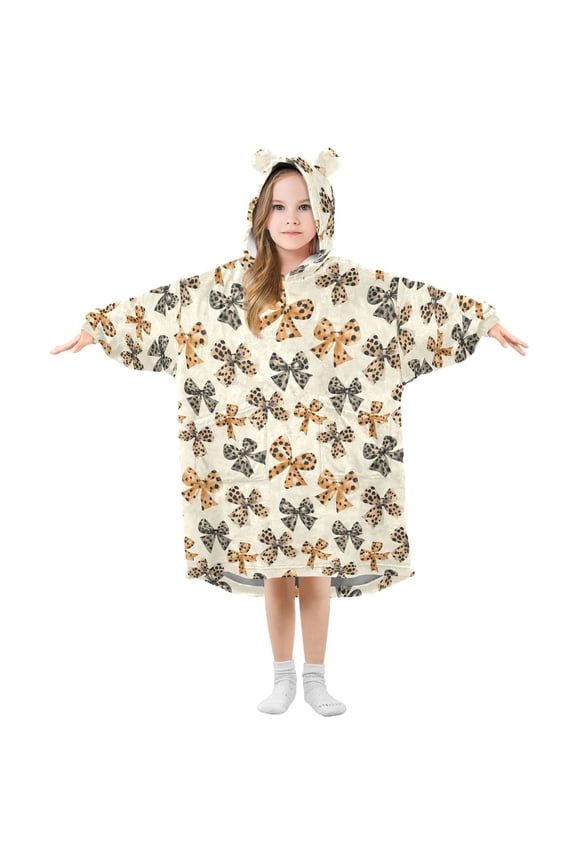 Wearable Blanket Hoodie for Kids Leopard Print Bows Flannel Hooded Blanket with Pockets and Sleeves Suitable for Boys and Girls