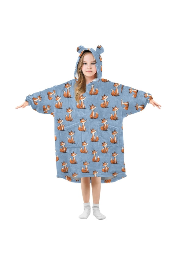 Wearable Blanket Hoodie for Kids Little Fox Flannel Hooded Blanket with Pockets and Sleeves Suitable for Boys and Girls