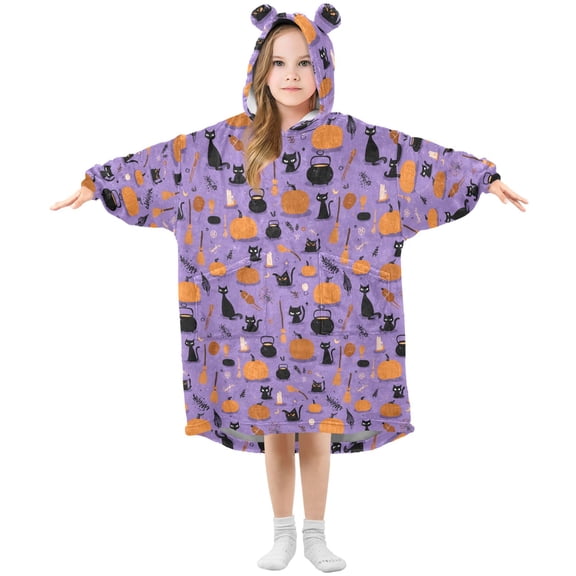 Wearable Blanket Hoodie for Kids Magic Pot Broom and Black Cat Flannel Hooded Blanket with Pockets and Sleeves Suitable for Boys and Girls