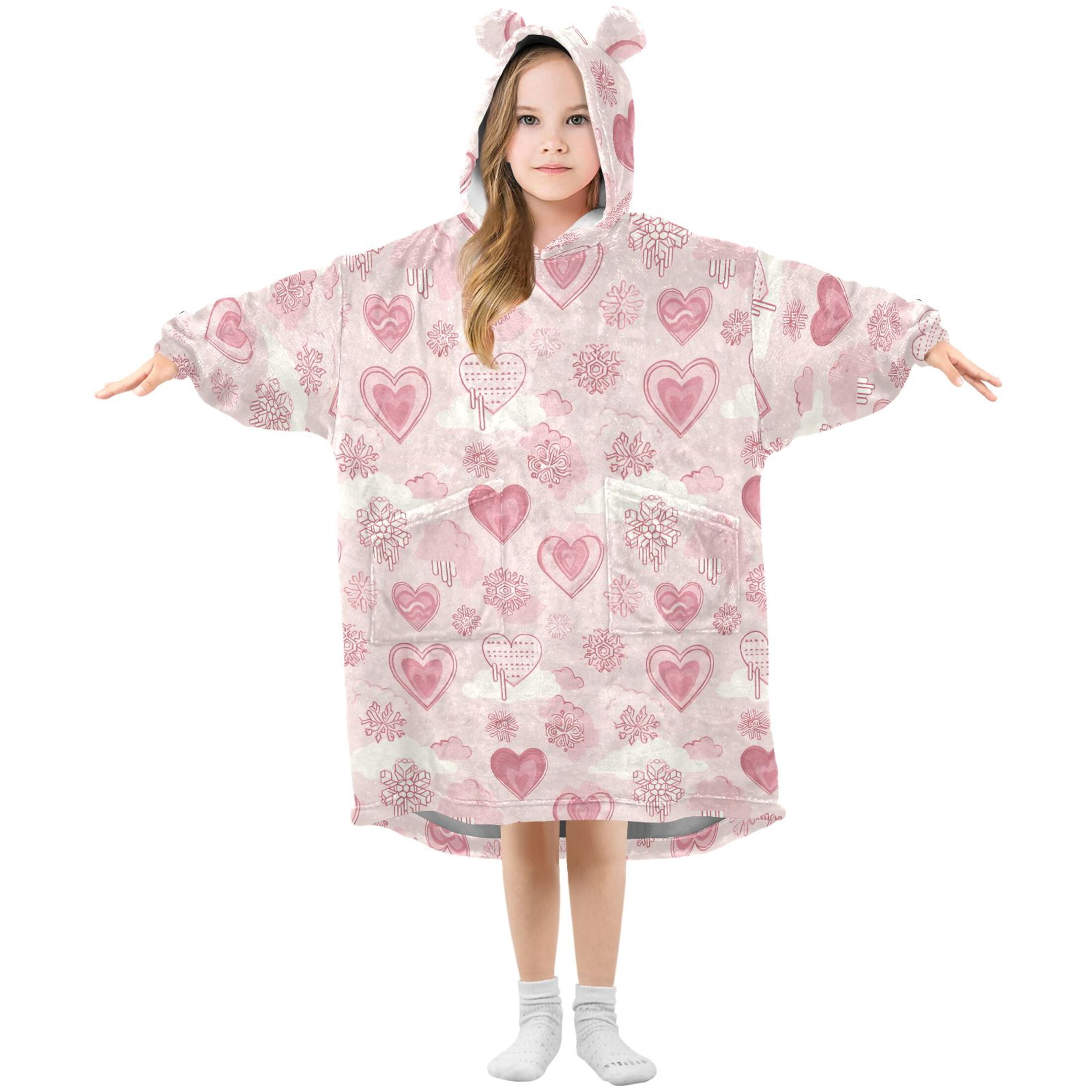 Wearable Blanket Hoodie for Kids Minimalist Hart Shape Flannel Hooded Blanket with Pockets and Sleeves Suitable for Boys and Girls