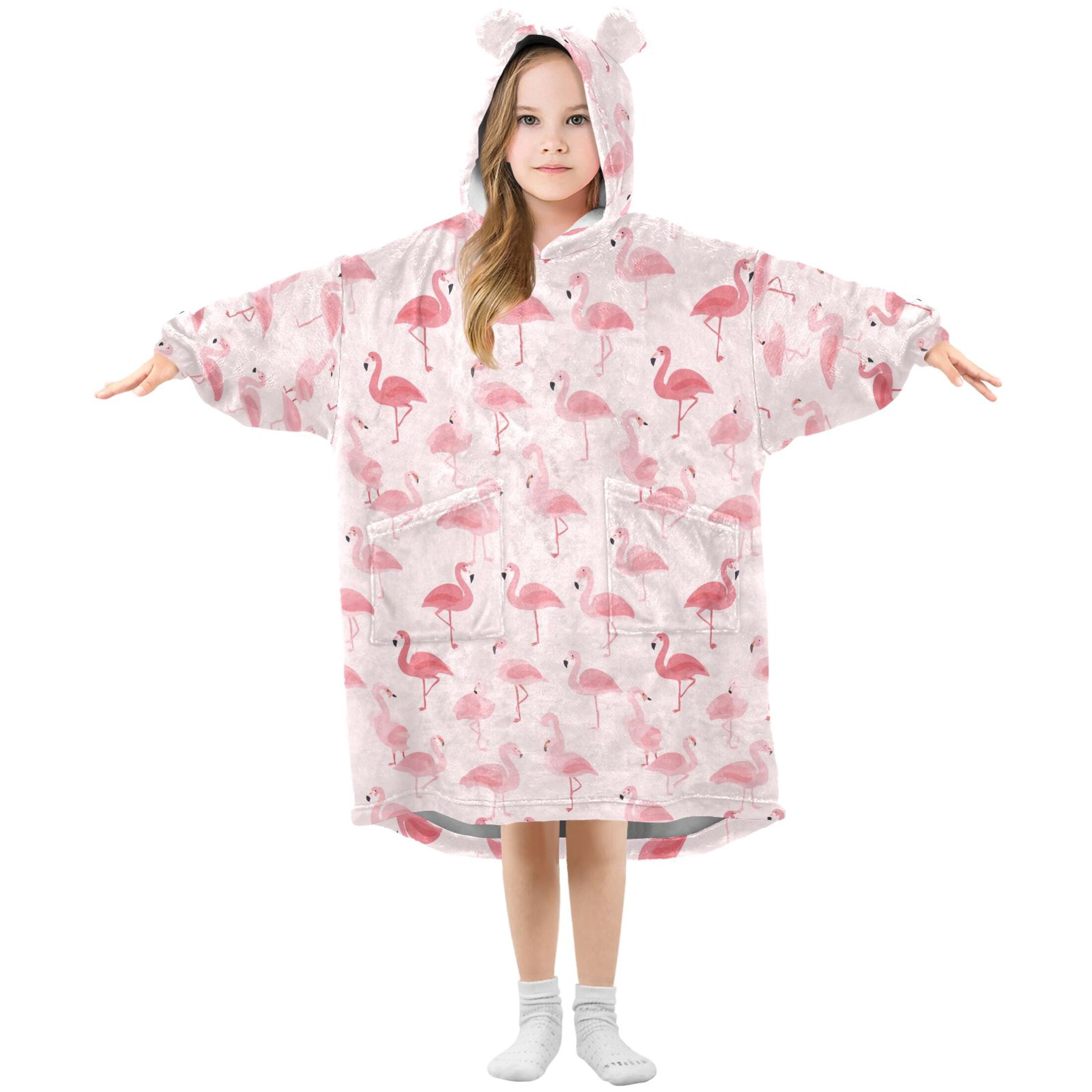 Wearable Blanket Hoodie for Kids Pink Flamingo Flannel Hooded Blanket with Pockets and Sleeves Suitable for Boys and Girls