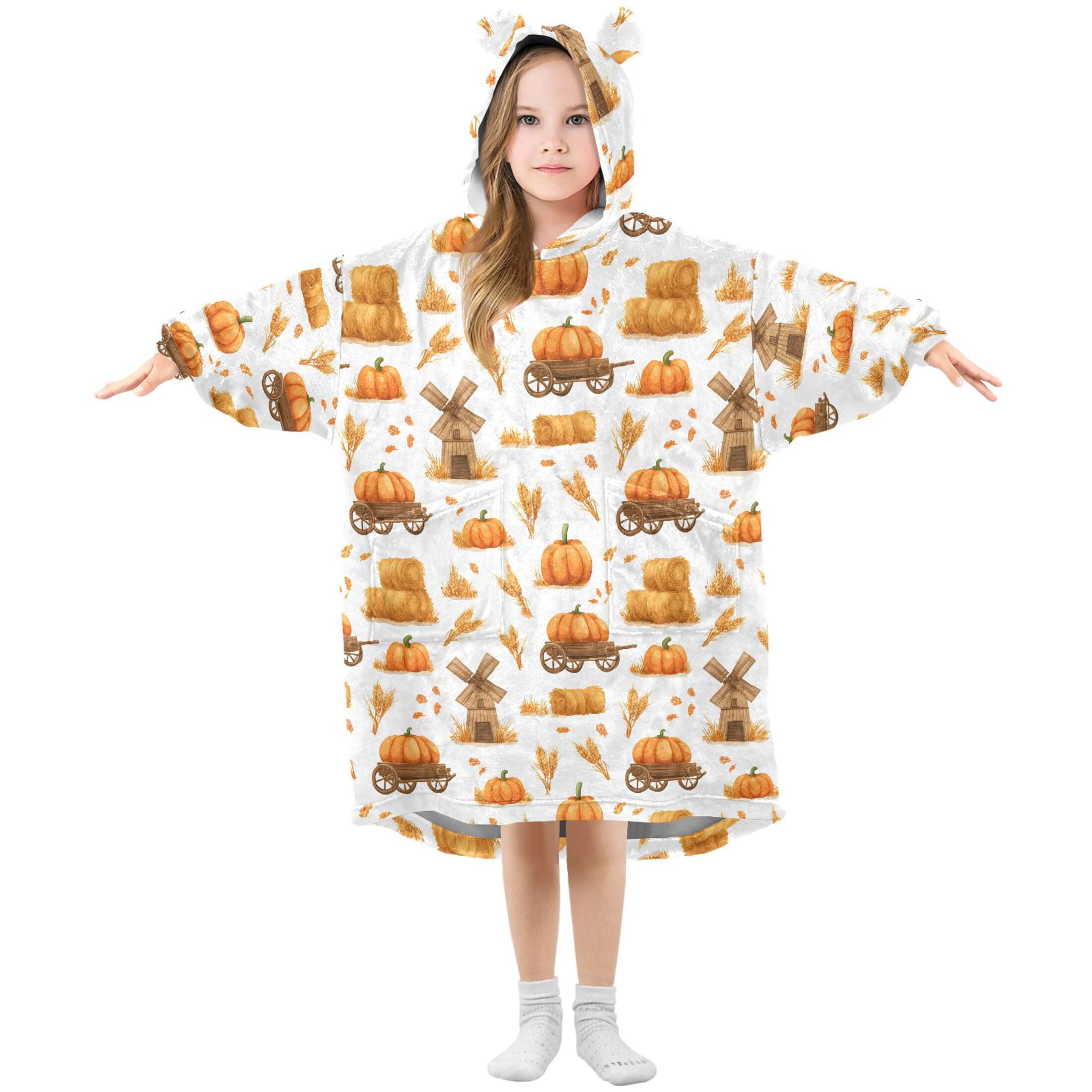 Wearable Blanket Hoodie for Kids Pumpkin Wheat Flannel Hooded Blanket with Pockets and Sleeves Suitable for Boys and Girls