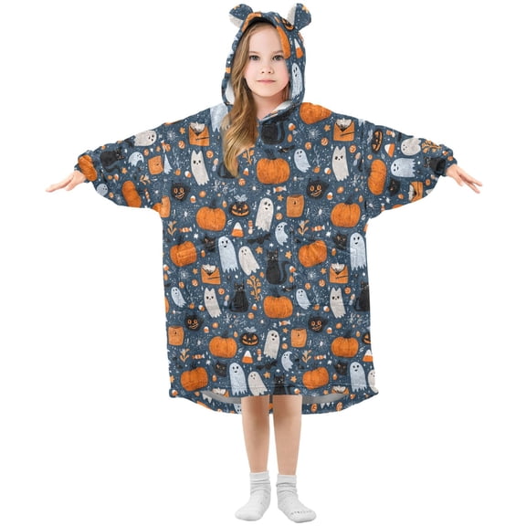 Wearable Blanket Hoodie for Kids Retro Pumpkin Black Cat Flannel Hooded Blanket with Pockets and Sleeves Suitable for Boys and Girls
