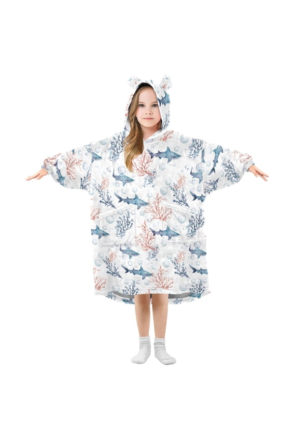 Wearable Blanket Hoodie for Kids Shark Flannel Hooded Blanket with Pockets and Sleeves Suitable for Boys and Girls