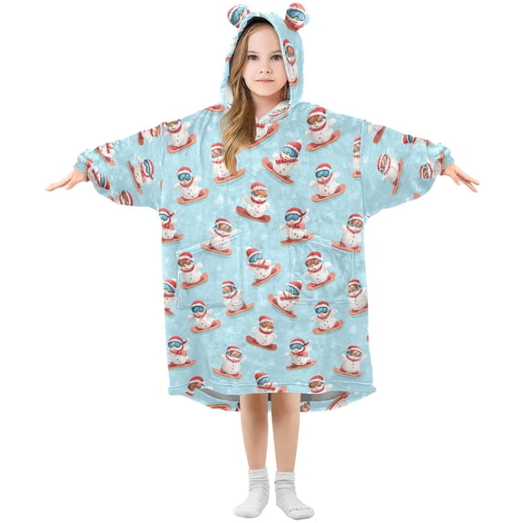 Wearable Blanket Hoodie for Kids Snowman Skiing Flannel Hooded Blanket with Pockets and Sleeves Suitable for Boys and Girls
