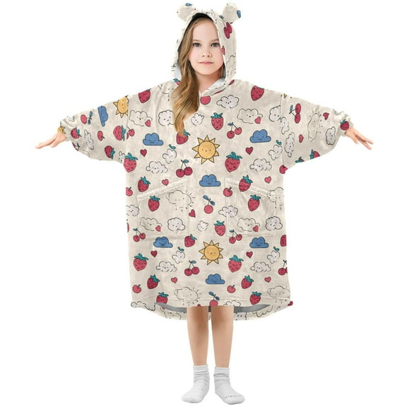 Wearable Blanket Hoodie for Kids Strawberry Cloud Cherry Flannel Hooded Blanket with Pockets and Sleeves Suitable for Boys and Girls