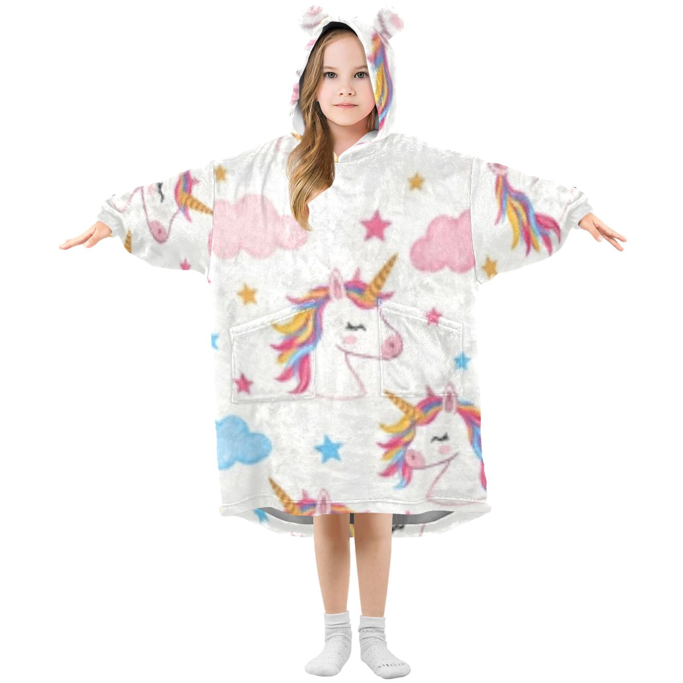 Wearable Blanket Hoodie for Kids Unicorn Clouds Stars Flannel Hooded Blanket with Pockets and Sleeves Suitable for Boys and Girls