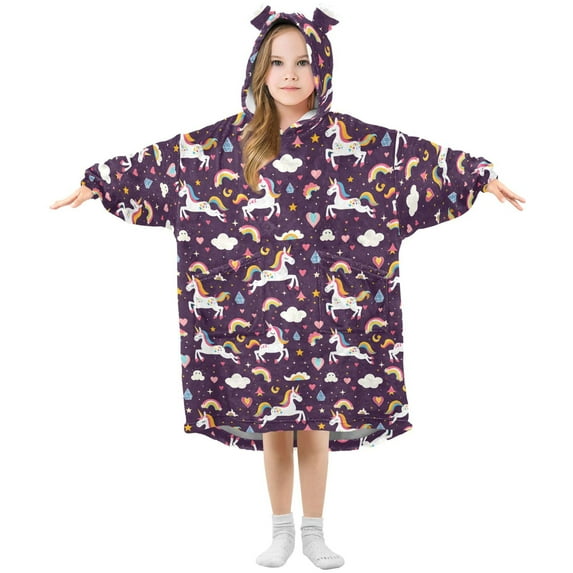 Wearable Blanket Hoodie for Kids Unicorn Decorated Rainbow Flannel Hooded Blanket with Pockets and Sleeves Suitable for Boys and Girls