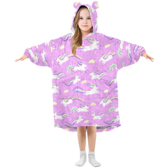 Wearable Blanket Hoodie for Kids Unicorn Dream Clouds Flannel Hooded Blanket with Pockets and Sleeves Suitable for Boys and Girls